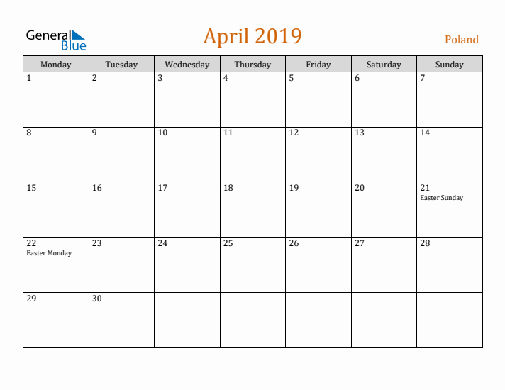 April 2019 Holiday Calendar with Monday Start