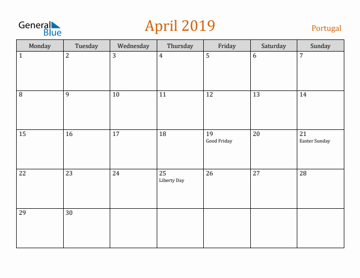 April 2019 Holiday Calendar with Monday Start