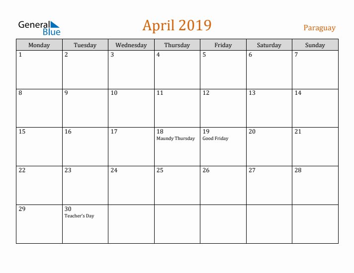 April 2019 Holiday Calendar with Monday Start