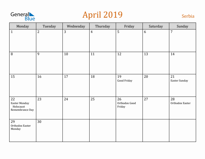 April 2019 Holiday Calendar with Monday Start