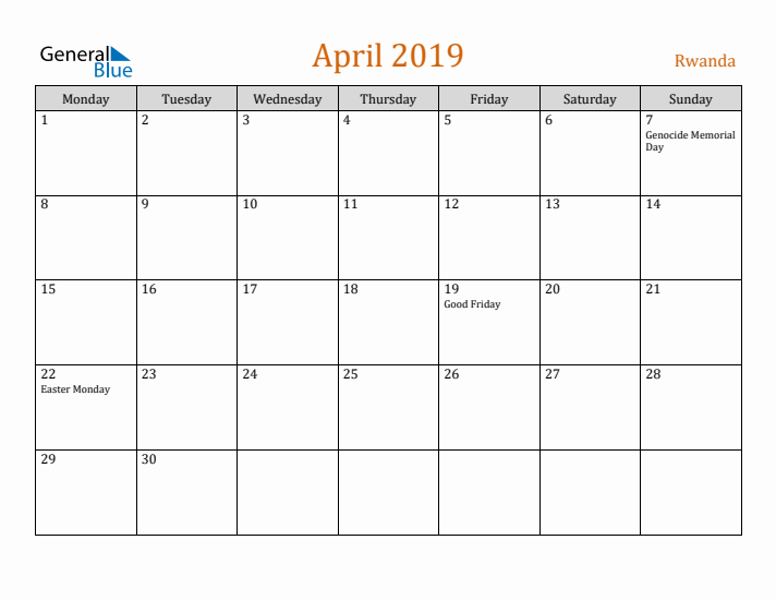 April 2019 Holiday Calendar with Monday Start