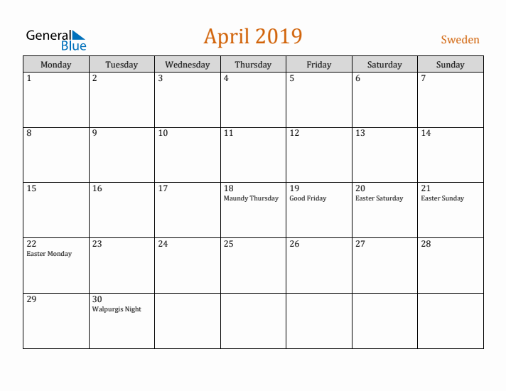 April 2019 Holiday Calendar with Monday Start