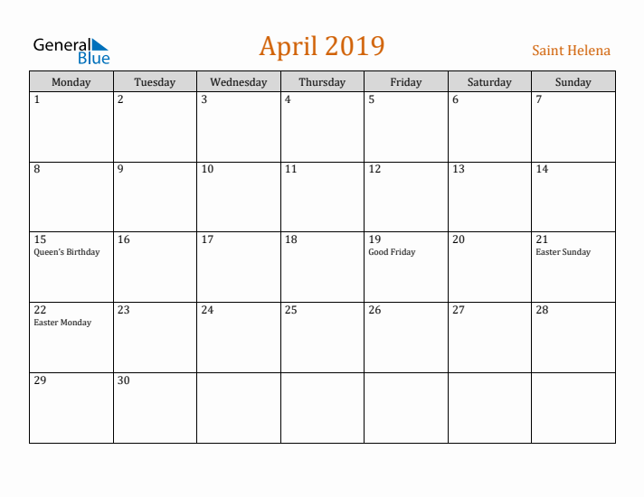 April 2019 Holiday Calendar with Monday Start