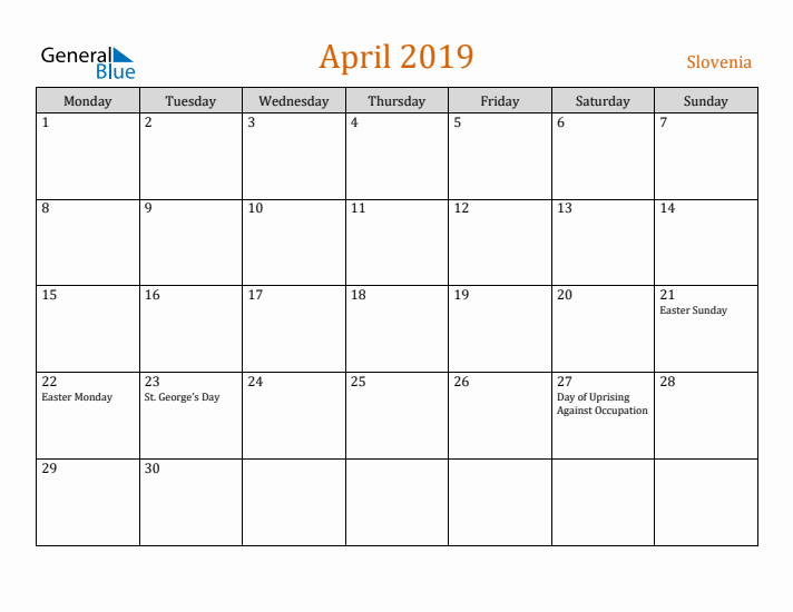 April 2019 Holiday Calendar with Monday Start