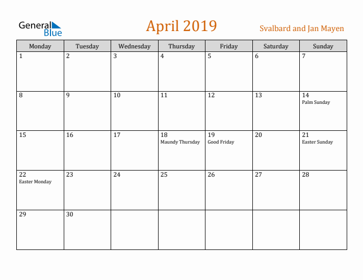 April 2019 Holiday Calendar with Monday Start