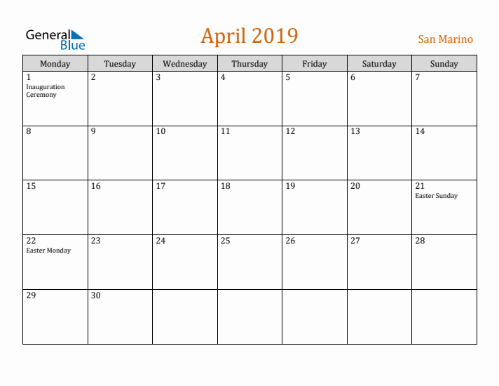 April 2019 Holiday Calendar with Monday Start