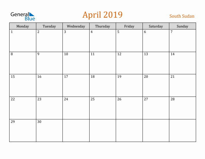 April 2019 Holiday Calendar with Monday Start