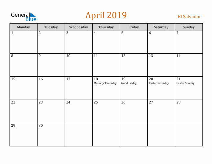 April 2019 Holiday Calendar with Monday Start