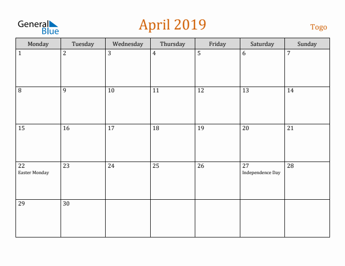 April 2019 Holiday Calendar with Monday Start