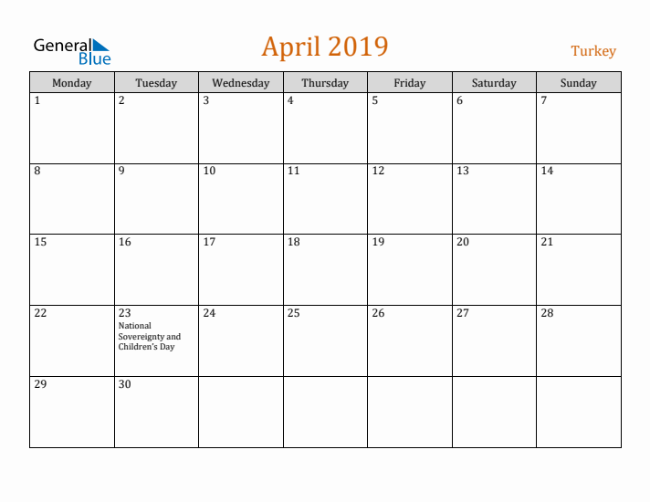 April 2019 Holiday Calendar with Monday Start