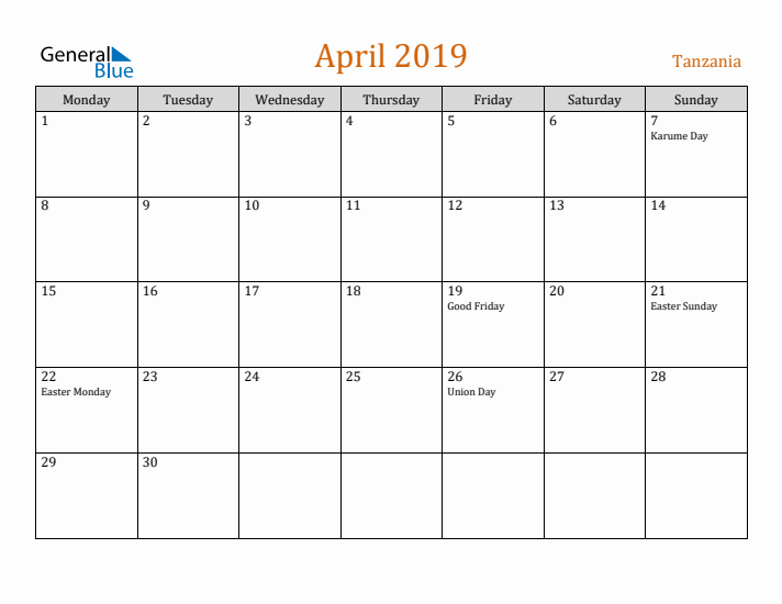 April 2019 Holiday Calendar with Monday Start