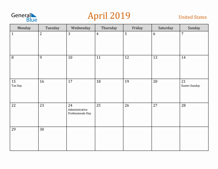 April 2019 Holiday Calendar with Monday Start