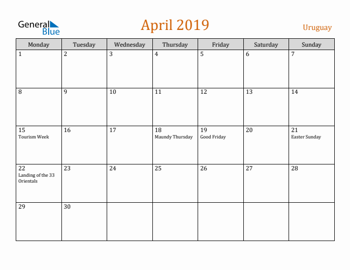 April 2019 Holiday Calendar with Monday Start