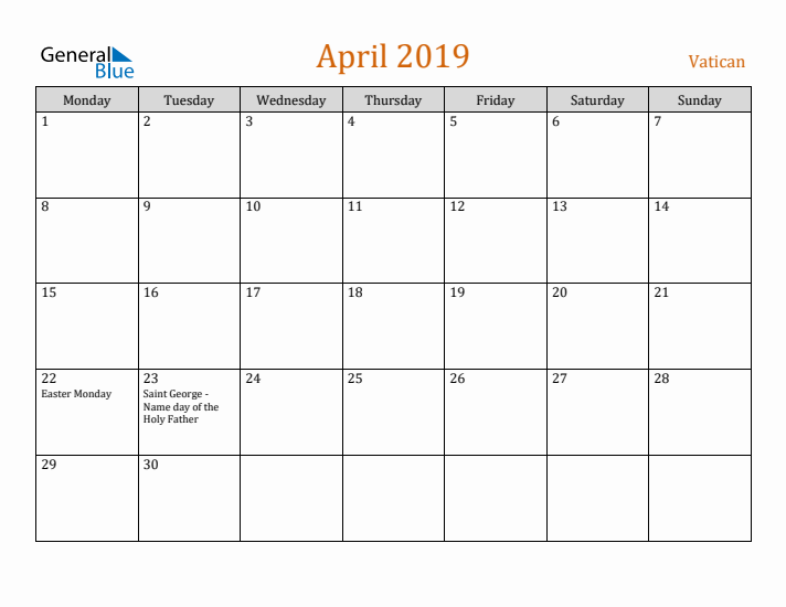 April 2019 Holiday Calendar with Monday Start