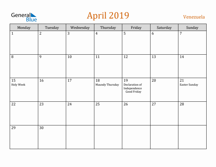 April 2019 Holiday Calendar with Monday Start