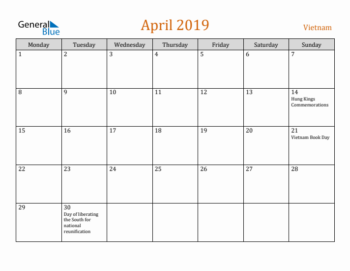 April 2019 Holiday Calendar with Monday Start