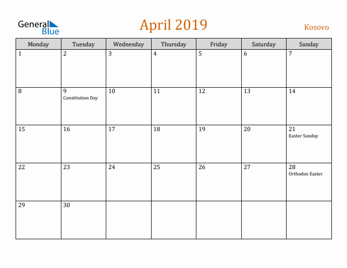 April 2019 Holiday Calendar with Monday Start