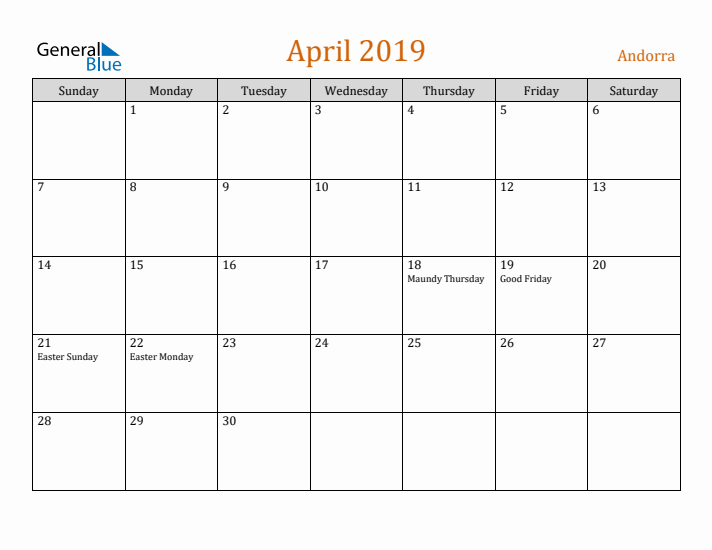 April 2019 Holiday Calendar with Sunday Start