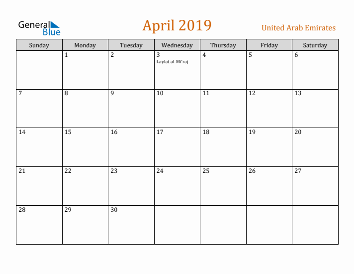 April 2019 Holiday Calendar with Sunday Start