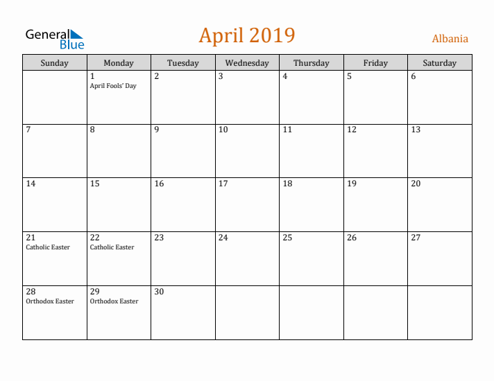 April 2019 Holiday Calendar with Sunday Start