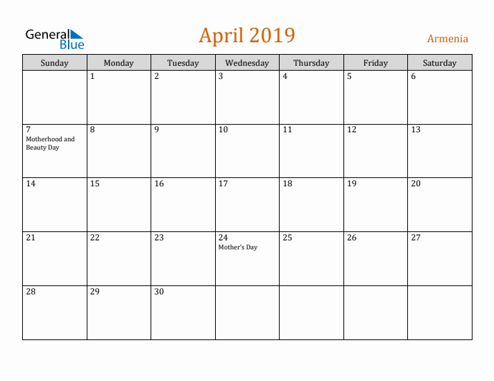 April 2019 Holiday Calendar with Sunday Start