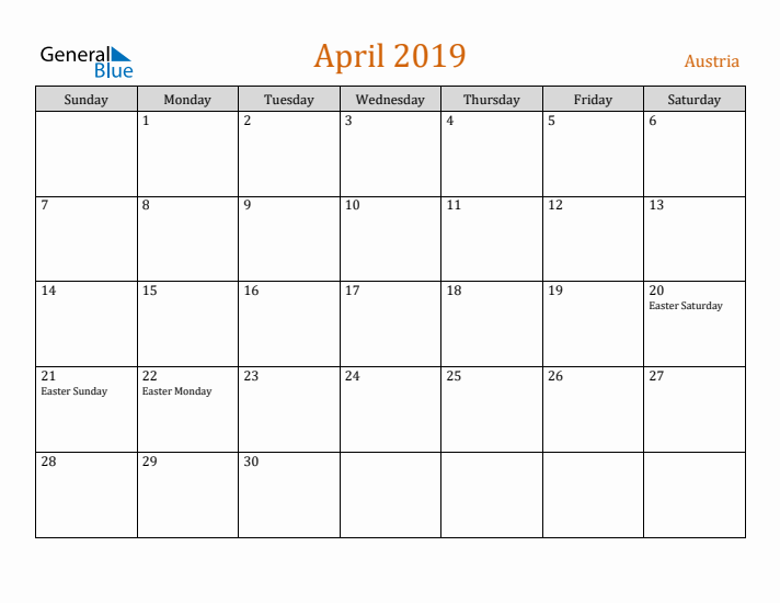 April 2019 Holiday Calendar with Sunday Start