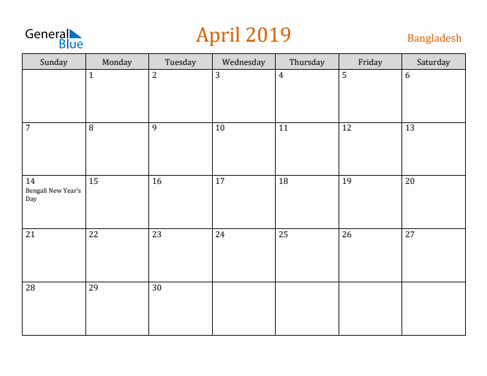 April 2019 Holiday Calendar with Sunday Start