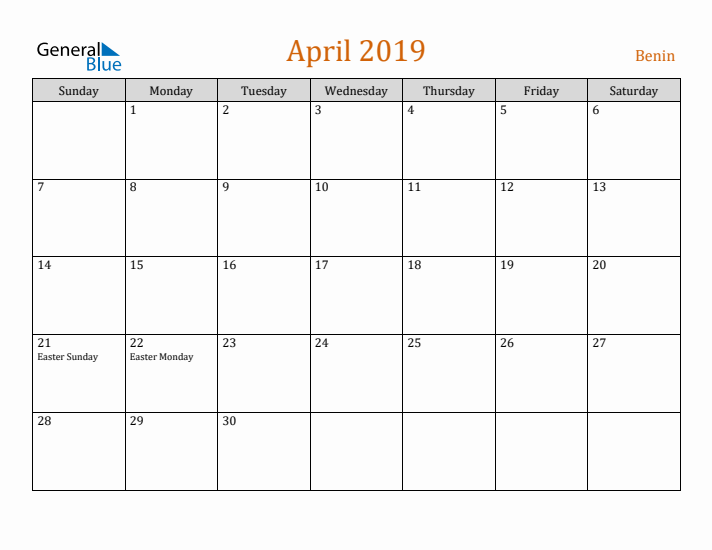 April 2019 Holiday Calendar with Sunday Start