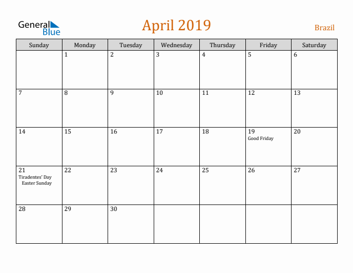 April 2019 Holiday Calendar with Sunday Start