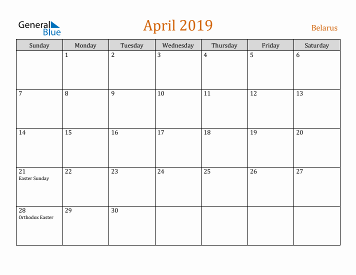 April 2019 Holiday Calendar with Sunday Start