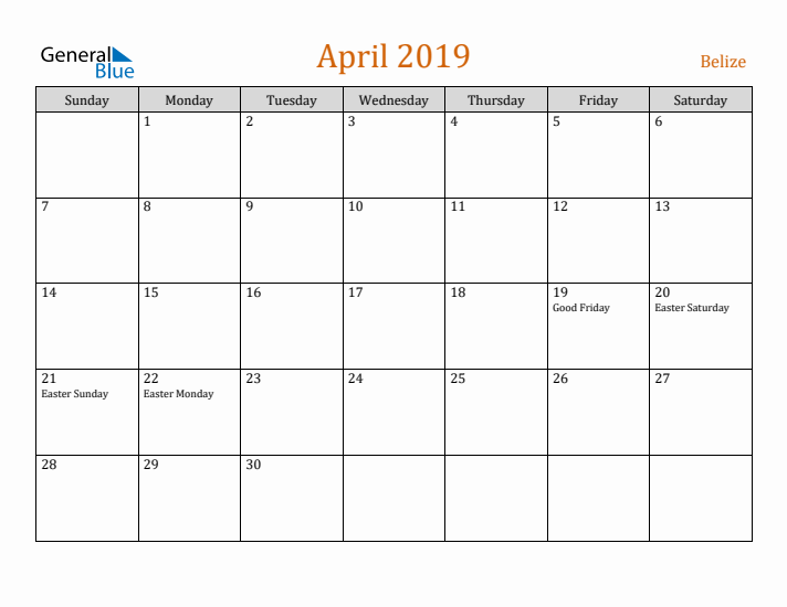 April 2019 Holiday Calendar with Sunday Start