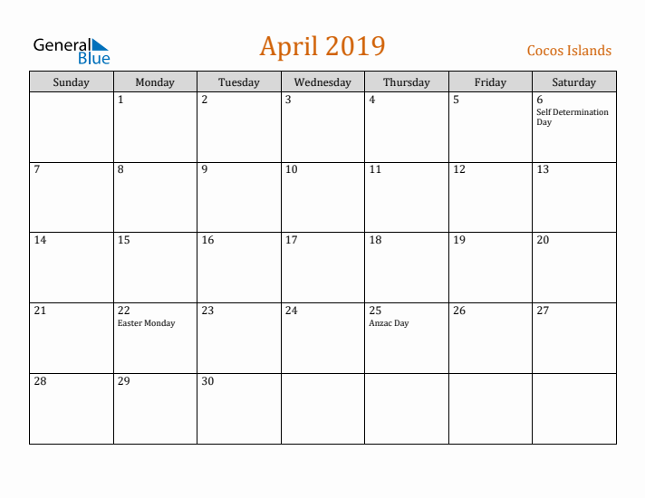 April 2019 Holiday Calendar with Sunday Start