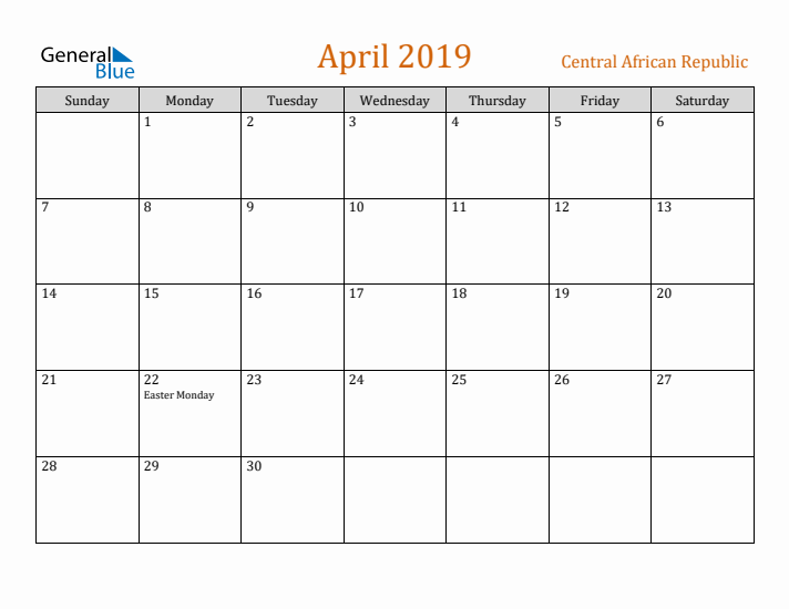 April 2019 Holiday Calendar with Sunday Start