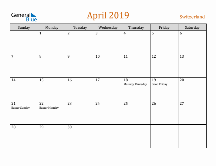 April 2019 Holiday Calendar with Sunday Start