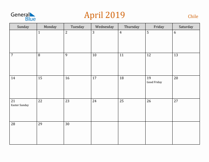 April 2019 Holiday Calendar with Sunday Start