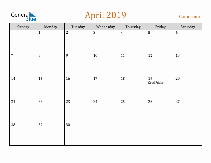 April 2019 Holiday Calendar with Sunday Start