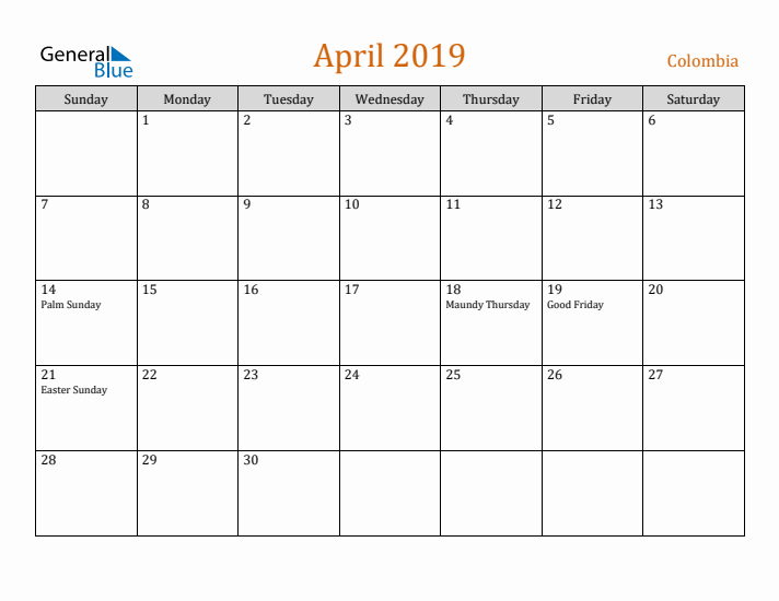 April 2019 Holiday Calendar with Sunday Start