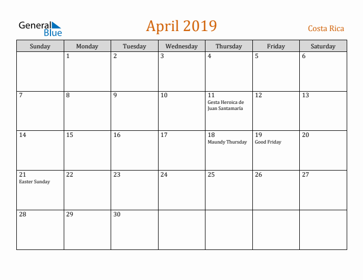 April 2019 Holiday Calendar with Sunday Start