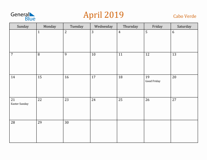 April 2019 Holiday Calendar with Sunday Start