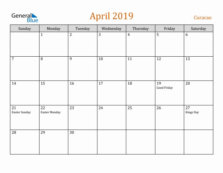 April 2019 Holiday Calendar with Sunday Start