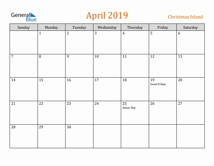 April 2019 Holiday Calendar with Sunday Start