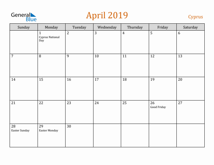 April 2019 Holiday Calendar with Sunday Start