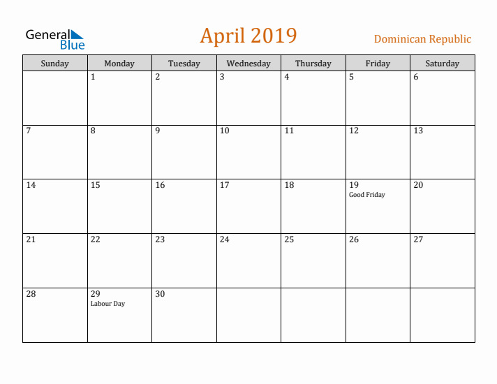 April 2019 Holiday Calendar with Sunday Start