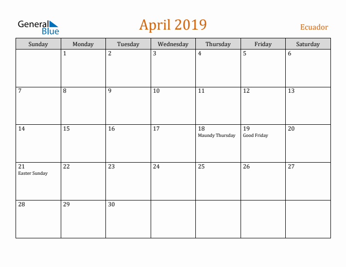 April 2019 Holiday Calendar with Sunday Start