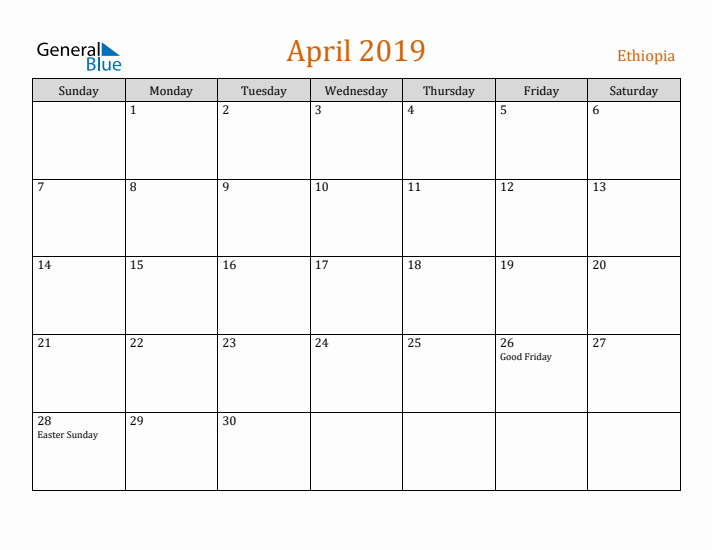 April 2019 Holiday Calendar with Sunday Start