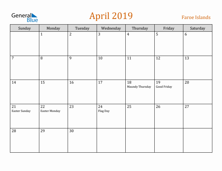 April 2019 Holiday Calendar with Sunday Start