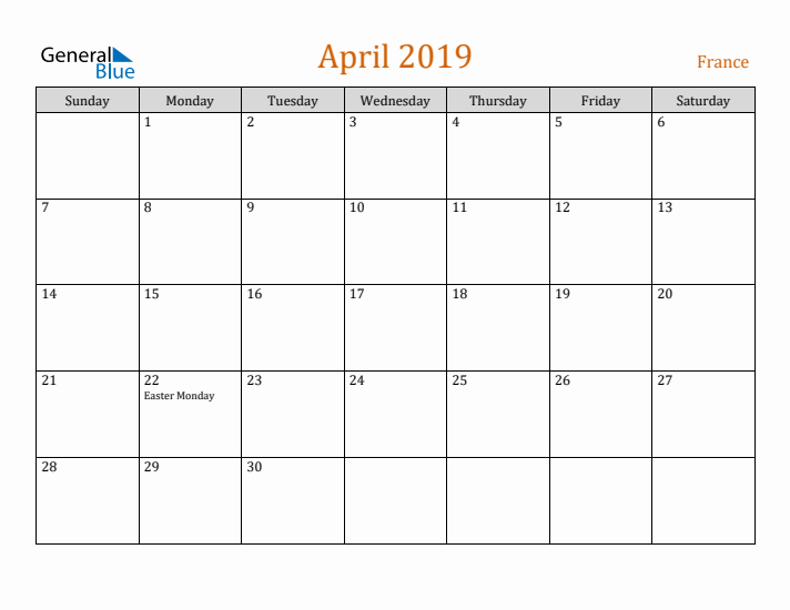 April 2019 Holiday Calendar with Sunday Start