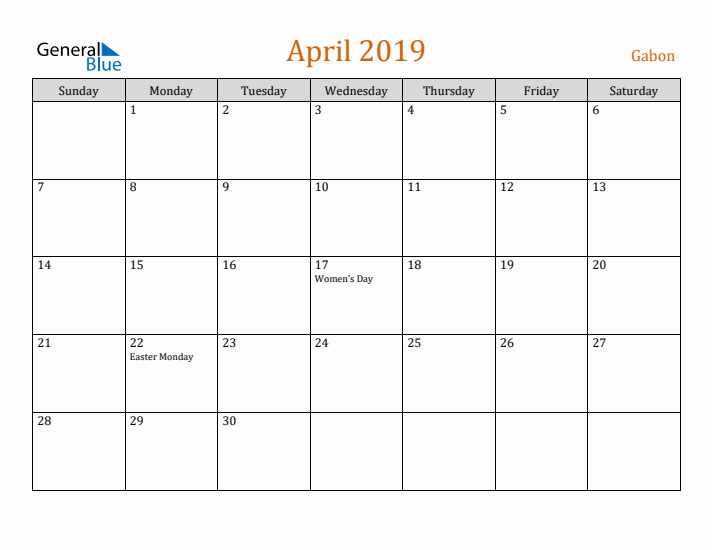 April 2019 Holiday Calendar with Sunday Start