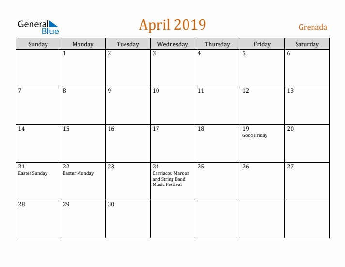 April 2019 Holiday Calendar with Sunday Start