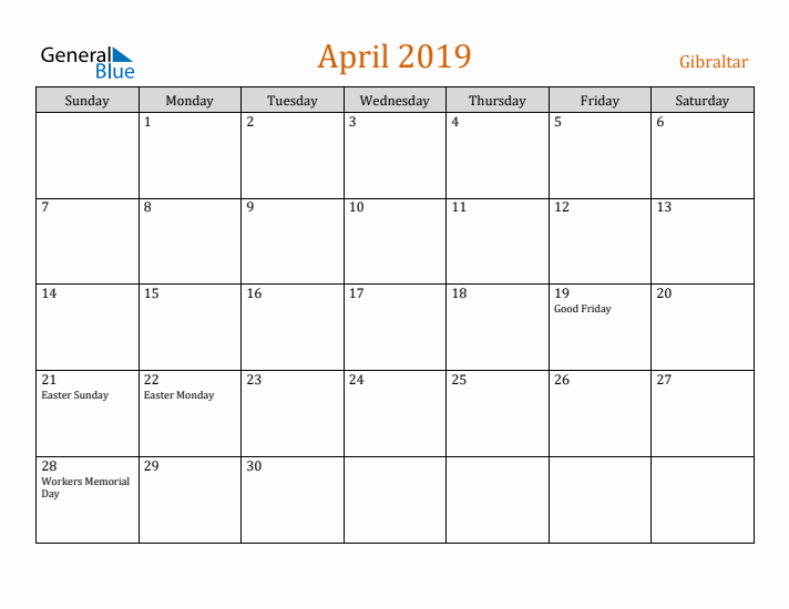 April 2019 Holiday Calendar with Sunday Start